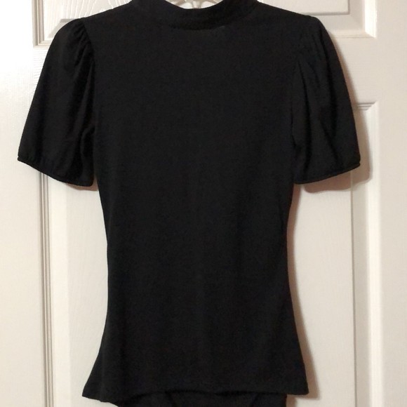 Womens Blouse Black V-Neck Top Tuxedo Style Ruffles Size Small Short Sleeve - Picture 3 of 5